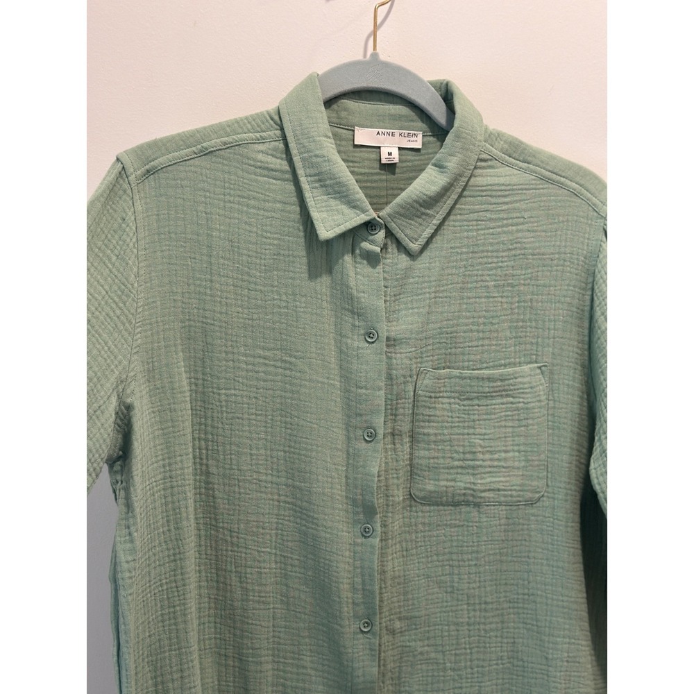 Anne Klein Jeans Sage Green Double Gauze Button Down Shirt Roll Tab Sleeve Med - Picture 7 of 13